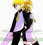  1girl bad_id bad_pixiv_id blonde_hair blue_eyes brother_and_sister elbow_gloves gloves kagamine_len kagamine_rin necktie roshin_yuukai_(vocaloid) siblings sugi thighhighs twins vocaloid yellow_neckwear 