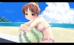  ball beach beachball bikini blush breasts brown_eyes brown_hair cloud day food fruit hirasawa_ui holding holding_food holding_fruit ishizue k-on! large_breasts outdoors ponytail side-tie_bikini sideboob sky solo swimsuit water watermelon watermelon_beachball 