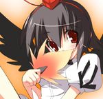  black_hair black_wings blush covering_mouth fan hat hauchiwa looking_at_viewer red_eyes shameimaru_aya short_hair solo takeda_aranobu tokin_hat touhou upper_body wings 