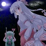  blush closed_eyes ex-keine fujiwara_no_mokou full_moon green_hair horns kamishirasawa_keine long_hair moon multiple_girls night ounen ribbon touhou very_long_hair white_hair 