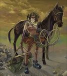  arrow bad_id bad_pixiv_id blush brown_hair chakram cloud earrings elbow_gloves flat_chest gloves headband highres horse jewelry metalinu quiver shin_sangoku_musou short_hair sky solo sun_shang_xiang weapon windfire_wheel 