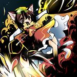  animal_ears brown_hair cat_ears cat_tail chen explosion fire hat multiple_tails red_eyes short_hair solo tail takamoto_akisa touhou 