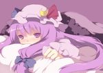  bad_id bad_pixiv_id bed_sheet blush crescent hands hat hijiri_(resetter) long_hair lying on_stomach patchouli_knowledge purple_eyes purple_hair sheet_grab solo touhou 