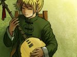  bangs blonde_hair chair chinese_clothes closed_mouth green_background half-closed_eyes horuda instrument kagamine_len long_sleeves male_focus moon_lute music playing_instrument sitting solo tassel tsumugi_uta_(vocaloid) upper_body vocaloid wooden_chair 