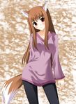  animal_ears blush brown_hair holo long_hair odayan red_eyes smile solo spice_and_wolf tail wolf_ears wolf_tail 