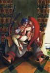  1girl anti-materiel_rifle bandages bare_shoulders between_legs blue_hair cape couple gun hetero holding kamina katana long_hair manly muscle official_art ponytail raiku_makoto red_hair rifle sitting sitting_on_lap sitting_on_person sniper_rifle staring sword tengen_toppa_gurren_lagann throne traditional_media very_long_hair weapon yoko_littner 