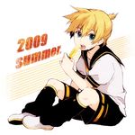  aqua_eyes bad_id bad_pixiv_id blonde_hair food kagamine_len male_focus necktie open_mouth popsicle shirataki_nako shorts sitting solo vocaloid 