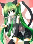  animal_ears cat_ears cat_tail detached_sleeves green_eyes green_hair hatsune_miku kemonomimi_mode long_hair mashayuki mouth_hold musical_note paw_pose skirt solo spring_onion tail thighhighs twintails very_long_hair vocaloid zettai_ryouiki 