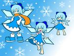  barefoot blue_eyes blue_hair boots cirno cirno-nee flat_color parody puyopuyo puyopuyo_fever scarf snowflakes style_parody touhou wings y&amp;k 