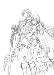  1girl boots brother_and_sister cape closed_eyes eltoshan_(fire_emblem) fire_emblem fire_emblem:_seisen_no_keifu gloves greyscale hand_on_hilt lachesis_(fire_emblem) long_hair monochrome nakabayashi_reimei profile sheath sheathed siblings sketch sword tears thighhighs weapon work_in_progress 