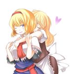  alice_margatroid blonde_hair blue_eyes capelet closed_eyes hairband hane_(hanegoya) heart hug hug_from_behind kirisame_marisa long_hair multiple_girls no_hat no_headwear one_eye_closed short_hair simple_background smile touhou 