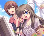 ^_^ blue_eyes brown_hair closed_eyes dutch_angle finger_to_face finger_to_mouth food hair_ornament hairclip ice_cream jewelry kanon long_hair misaka_shiori multiple_girls older one_eye_closed open_mouth painting palette pendant shawl wince zen 