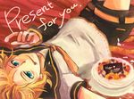  :p blonde_hair blue_eyes cake food kagamine_len lying male_focus mukkun necktie on_back pastry shorts smile solo tongue tongue_out vocaloid 