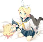  1girl bad_id bad_pixiv_id blonde_hair blue_eyes bottomless brother_and_sister eka_eri hair_ribbon kagamine_len kagamine_rin panties pantyhose ribbon school_uniform serafuku short_hair siblings skirt socks twins underwear vocaloid 