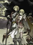  1girl blonde_hair boots brother_and_sister cape closed_eyes cloud cloudy_sky commentary dappled_sunlight eltoshan_(fire_emblem) fire_emblem fire_emblem:_seisen_no_keifu gloves hand_on_hilt lachesis_(fire_emblem) light_rays long_hair nakabayashi_reimei outdoors profile sheath sheathed siblings sky sunbeam sunlight sword tears thighhighs weapon 
