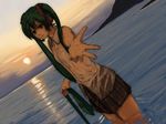  aqua_eyes aqua_hair bra dutch_angle foreshortening hands hatsune_miku headphones headset horuda lingerie long_hair necktie ocean see-through skirt solo sunset twintails underwear vocaloid wet wet_clothes wet_hair 