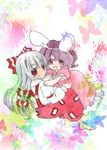  animal_ears barefoot bow brown_hair bunny_ears chibi fujiwara_no_mokou hair_ribbon inaba_tewi long_hair multiple_girls red_eyes ribbon short_hair shoukimaru silver_hair suspenders touhou traditional_media watercolor_(medium) 