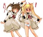  &gt;_&lt; blonde_hair blush brown_hair closed_eyes fate_testarossa hina_sasaki long_hair lowres lyrical_nanoha mahou_shoujo_lyrical_nanoha multiple_girls no_legwear panties red_eyes skirt skirt_flip takamachi_nanoha twintails underwear 