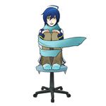  ahoge animated animated_gif blue_eyes blue_hair chair headset kaito leg_hug lowres male_focus rkp scarf simple_background sitting smile solo spinning vocaloid 