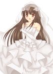  bare_shoulders bridal_veil bride brown_hair commentary_request dress elbow_gloves formal gloves houraisan_kaguya jewelry open_mouth red_eyes ring sakurada_(bannymilk) smile solo tears touhou veil wedding wedding_dress white_gloves 