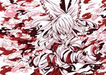  belt bow fujiwara_no_mokou hair_bow hair_over_eyes hair_ribbon red ribbon shirt smile smirk smoke solo tm touhou white_hair white_shirt 