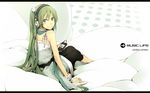  bad_id bad_pixiv_id bangs black_legwear casual digital_media_player fashion green_eyes green_hair hatsune_miku headphones ipod leggings long_hair looking_at_viewer looking_back scarf scrunchie sitting smile solo spaghetti_strap spandex twintails vocaloid white_scrunchie wrist_scrunchie yoshito 