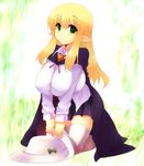 blonde_hair breasts cape cleavage elf goban huge_breasts long_hair pointy_ears solo thighhighs tiffania_westwood zero_no_tsukaima 