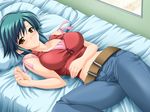  ariko_youichi bed belt blush breasts brown_eyes collarbone denim fortune_cookie game_cg green_hair jeans large_breasts lying pants pillow solo takaya_yui 