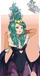  alternate_hairstyle animal_print bat_print blush breasts cleavage green_eyes green_hair highres large_breasts long_hair morrigan_aensland pantyhose parody print_legwear shouten_pegasus_mix_mori solo tarayama vampire_(game) wings 