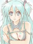  alternate_hairstyle aqua_eyes aqua_hair bad_id bad_pixiv_id breast_squeeze breasts cleavage face hatsune_miku long_hair medium_breasts messy_hair satogo solo strap_slip two_side_up vocaloid 