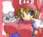 blue_eyes breasts brown_hair chris_(mario) controller game_console game_controller genderswap genderswap_(mtf) gloves hat large_breasts mario mario_(series) overalls pinky_out solo super_famicom super_mario_bros. 