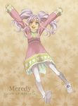  arms_up character_name copyright_name long_hair meredy miho_(mi) open_mouth pantyhose purple_eyes purple_hair smile solo tales_of_(series) tales_of_eternia twintails 