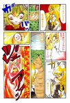  !? ... 2girls bad_id bad_pixiv_id blonde_hair blue_eyes blue_hair braid burning comic fangs fire flandre_scarlet hat kirisame_marisa long_hair marker_(medium) multiple_girls nib_pen_(medium) okubyou_yuuki red_eyes short_hair spoken_exclamation_mark touhou traditional_media translated wings 