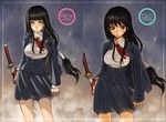  artist_progress black_hair brown_eyes green_eyes hitowa katana long_hair original scar school_uniform skirt sword weapon 