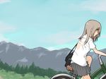  bad_id bad_pixiv_id bicycle copyright_request grass green_eyes grey_hair ground_vehicle hentai_(1985) mountain scenery solo tree 