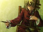  bangs blonde_hair bow_(instrument) chair chinese_clothes closed_mouth erhu flat_chest green_background hair_ornament hairclip half-closed_eyes horuda instrument kagamine_rin long_sleeves music playing_instrument short_hair sitting smile solo swept_bangs tsumugi_uta_(vocaloid) upper_body vocaloid wooden_chair 
