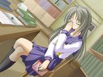  book closed_eyes crossed_legs futami_shion game_cg glasses library long_hair matsuo_yukihiro memories_off school_uniform sitting solo 