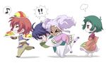  2girls angry back_bow blue_eyes blue_hair bow brown_eyes chibi farah_oersted food fume gloves green_hair keele_zeibel meredy multiple_boys multiple_girls musical_note purple_hair rid_hershel shima_(159265) short_hair smile tales_of_(series) tales_of_eternia twintails 