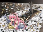  :3 animal animal_on_head blue_eyes blush candy cat cat_on_head detached_sleeves food headset highres long_hair lying megurine_luka moogle nekobaka on_head on_stomach pink_hair rug skirt solo thighhighs too_many too_many_cats tuna v-shaped_eyebrows very_long_hair vocaloid 