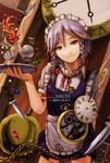  bad_id bad_pixiv_id braid candy cup face floating floating_object food head_tilt izayoi_sakuya knife kurione_(zassou) pocket_watch red_eyes short_hair silver_hair smile smug solo spill sugar_bowl sugar_cube tea teacup teapot touhou tray twin_braids watch 