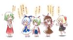  :d ^_^ antennae bad_id bad_pixiv_id blonde_hair blue_hair bow cape cirno closed_eyes commentary_request dress dress_tug fairy_wings floating green_hair hair_bow hat index_finger_raised is_that_so kazami_yuuka kuromame_(8gou) long_sleeves motherly multiple_girls mystia_lorelei necktie open_mouth outstretched_arms plaid plaid_skirt pointy_ears rumia short_hair short_sleeves simple_background skirt smile solid_oval_eyes team_9 touhou translated v_arms vest white_background wings wriggle_nightbug |_| 