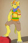  anthro anthrofied armadillo armadillomon bandai bandanna barefoot beige_background blit_the_armadillomon bracelet clothed clothing digimon heibanhikaru jewelry khakis male mammal pants purple_eyes shirt signature smile solo standing step_pose stripes 