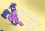  2014 animal_genitalia anthro anthrofied birthday breasts cum dickgirl equine friendship_is_magic hair horn horsecock hyper hyper_penis intersex mammal masturbation my_little_pony nipples open_mouth penis purevil purple_body socks solo standing sweat tongue tongue_out twilight_sparkle_(mlp) unicorn vein 