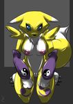  2014 anthro bandai big_breasts black_nose blue_eyes breasts canine chest_tuft digimon female fingerless_gloves fox fur gloves hair kneeling long_ears mammal mane markings nipples nude plain_background plump_labia pussy renamon solo tuft virate-chip yellow_fur yin_yang 