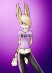  anthro balls blonde_hair blue_eyes clothed clothing crop_top danaume detachable_penis hair lagomorph male mammal nullo penis rabbit short_hair solo 