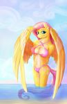  2014 anthro anthrofied bikini blue_eyes blush breasts cleavage clothed clothing cutie_mark equine female fluttershy_(mlp) friendship_is_magic hair mammal my_little_pony outside pegasus piercing pink_hair sky solo standing swimsuit viwrastupr water wings 