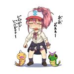  bow bracelet caterpie caterpillar clothes_around_waist commentary crying gen_1_pokemon hair_bow hat idolmaster idolmaster_cinderella_girls jacket_around_waist jewelry jougasaki_mika pink_hair poke_ball pokemon pokemon_(game) taru_haru tears weedle white_background 