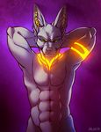  2014 abs anthro anubian_jackal anubis anubislivess arms_behind_head biceps canine deity digital_media_(artwork) ear_piercing falvie flexing fur glowing green_eyes grey_fur grey_nose jackal looking_at_viewer male mammal muscles nude pecs piercing pose smile solo standing toned 