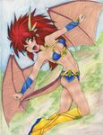 boots breasts butt clothed clothing crystal dragon dragon_half fangs female flying hair horn mammal mink_(dragon_half) navel one_eye_closed open_mouth outside red_eyes red_hair smile solo teeth tongue wings wink xiayu 