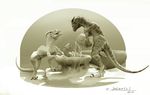  2014 3d ambiguous_gender anthro digital_media_(artwork) dinosaur group hi_res lizard mane monochrome nude photorealism raptor reptile salireths scales scalie side_view water 